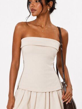 PrettyLittleThing Cream Zip Detail Strapless Tube Top S/M 🤍